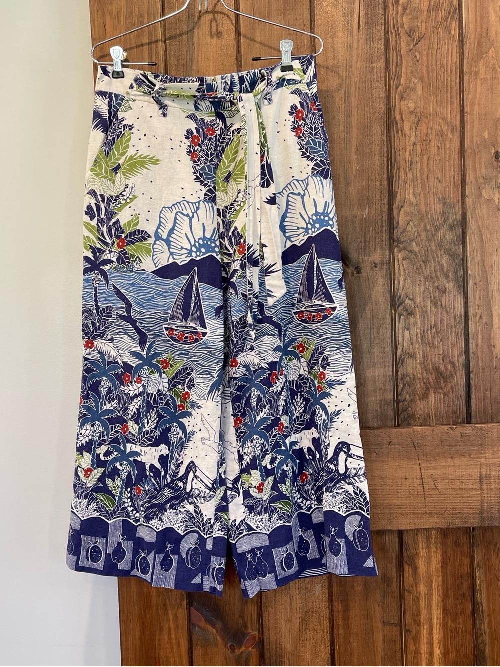 Joie Linen Blend Jungle Tropical Island Wide Leg Crop Belted Pants 8 Medium